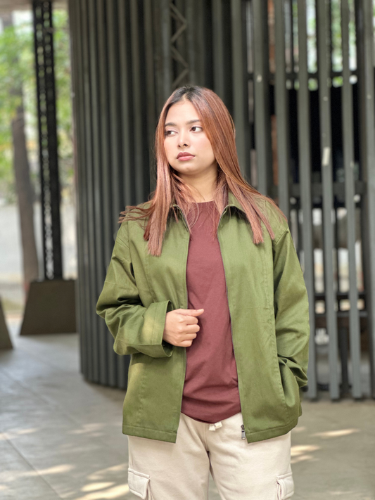 Olive Unisex Off-shoulder Twill jacket