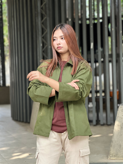 Olive Unisex Off-shoulder Twill jacket