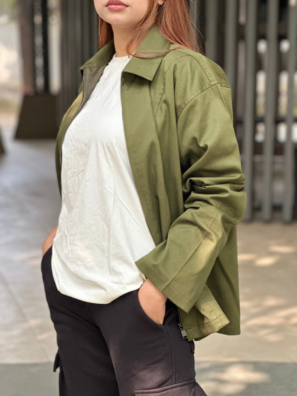 Olive Unisex Off-shoulder Twill jacket