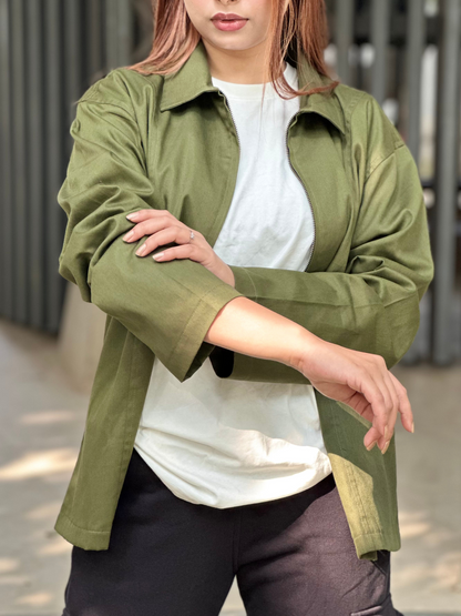 Olive Unisex Off-shoulder Twill jacket