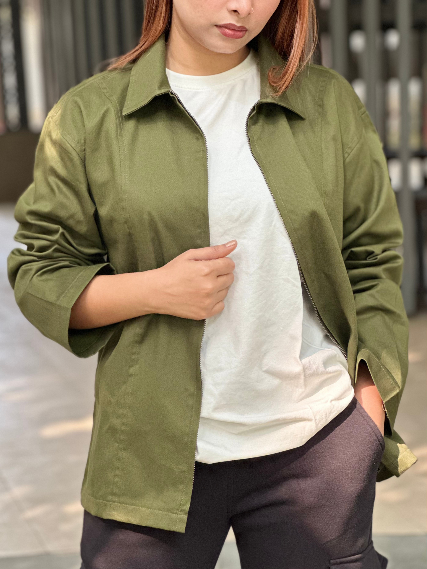 Olive Unisex Off-shoulder Twill jacket