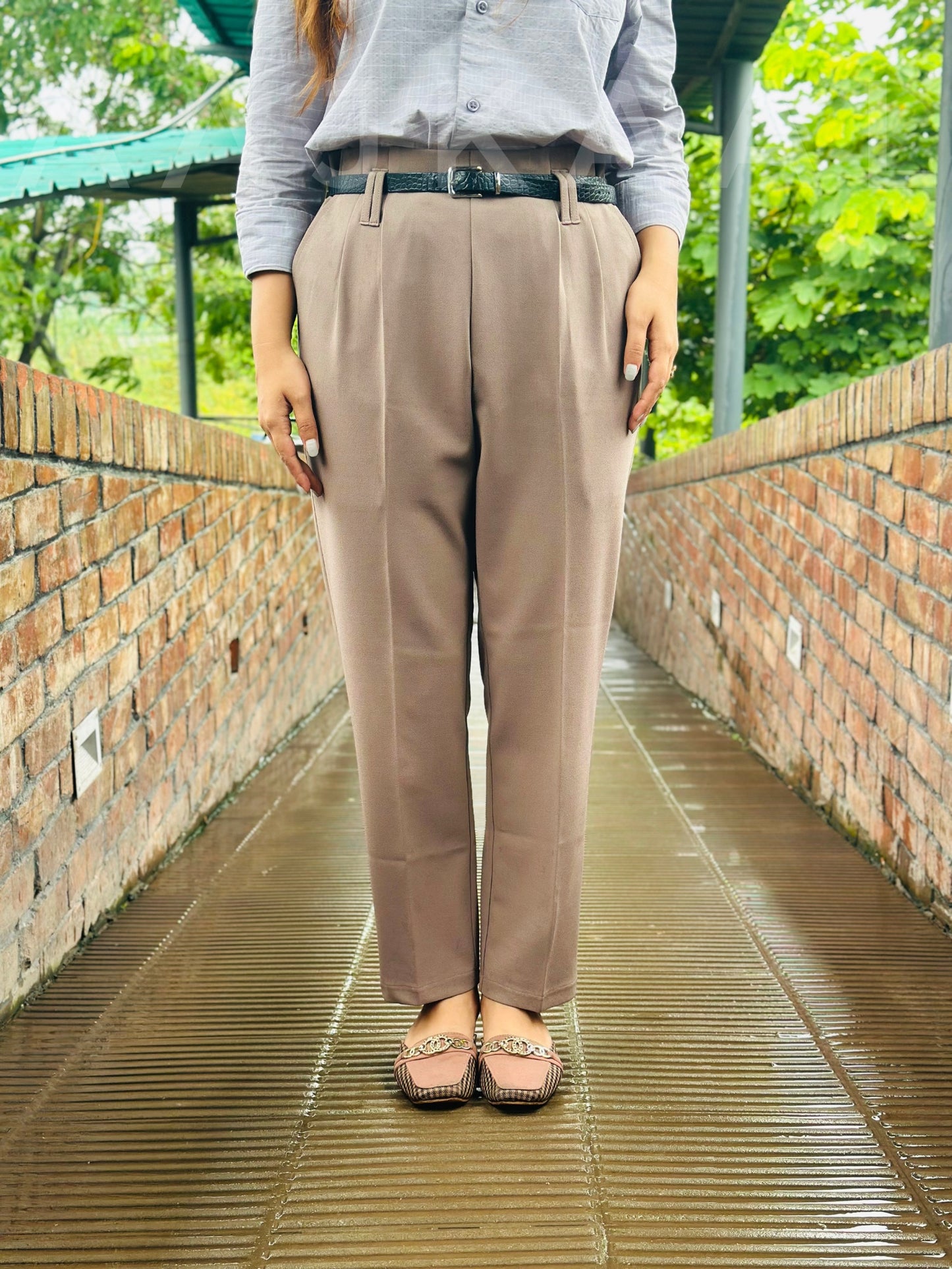 Beige High Waisted Formal Pant