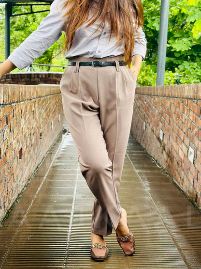 Beige High Waisted Formal Pant